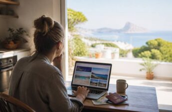Iemand die thuis met laptop en reisdocumenten vakanties vergelijkt