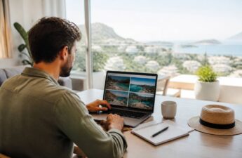 Persoon die op een laptop vakantieaanbiedingen vergelijkt met een checklist op papier