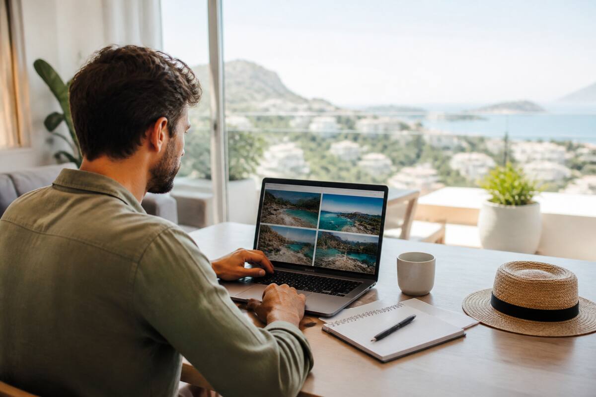 Persoon die op een laptop vakantieaanbiedingen vergelijkt met een checklist op papier
