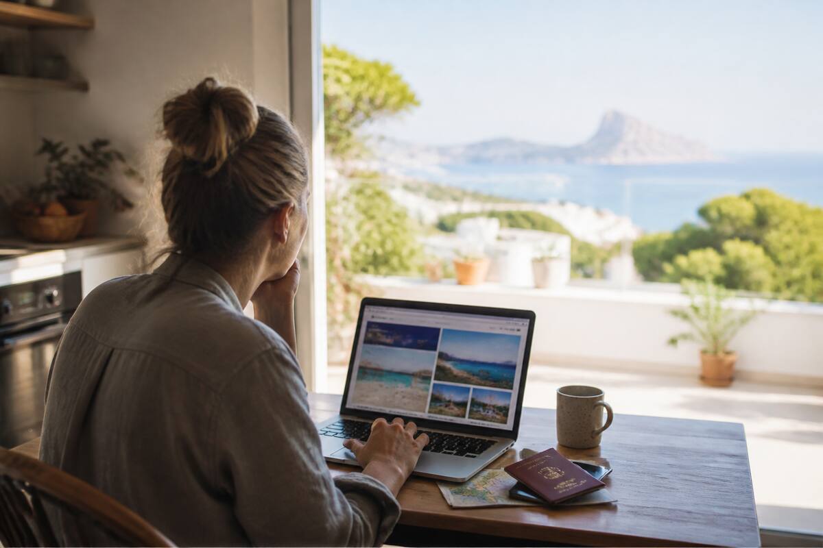 Iemand die thuis met laptop en reisdocumenten vakanties vergelijkt