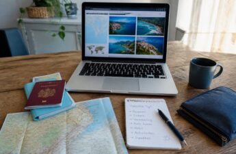 Praktische checklist op een bureau met reisdocumenten en een laptop voor vakanties vergelijken