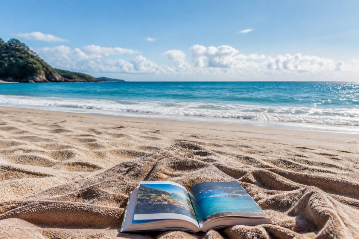 Open reisgids op een strand met uitzicht op zee