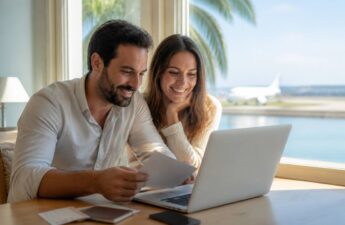 Vakanties vergelijken op een laptop met reisdocumenten op tafel