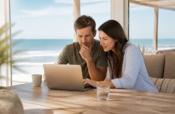 Een stel kijkt op een laptop naar vakanties vergelijken met uitzicht op zee