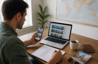 Iemand vergelijkt vakantieopties op een laptop en smartphone met een checklist op tafel