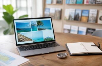 Vergelijken van reizen met een shortlist op tafel, laptop en agenda (zonder leesbare tekst)