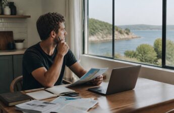 Vakantieplannen vergelijken op een laptop met reisnotities aan tafel.