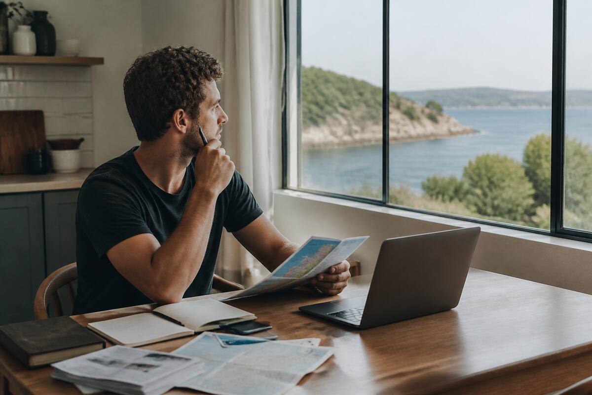 Vakantieplannen vergelijken op een laptop met reisnotities aan tafel.