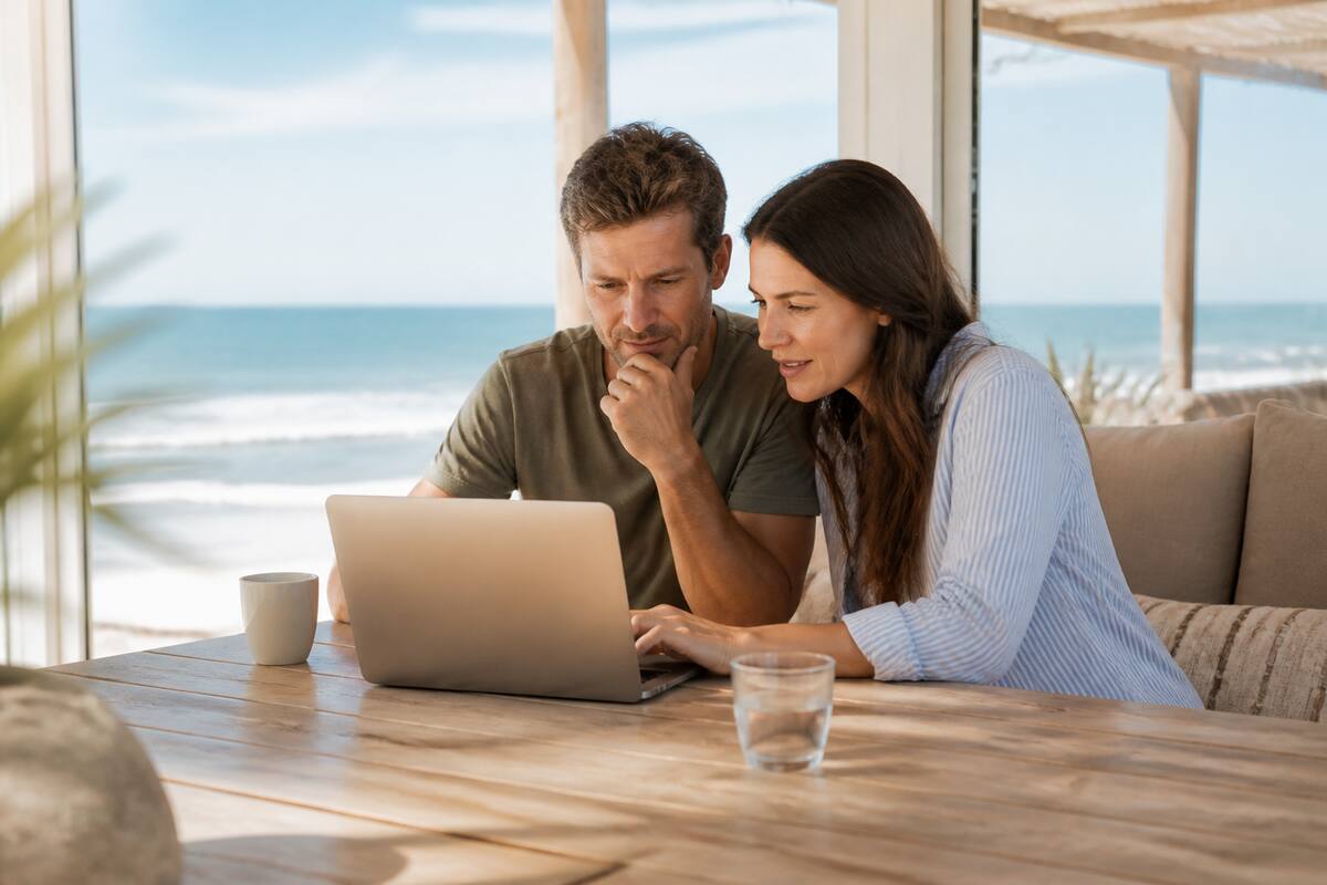 Een stel kijkt op een laptop naar vakanties vergelijken met uitzicht op zee