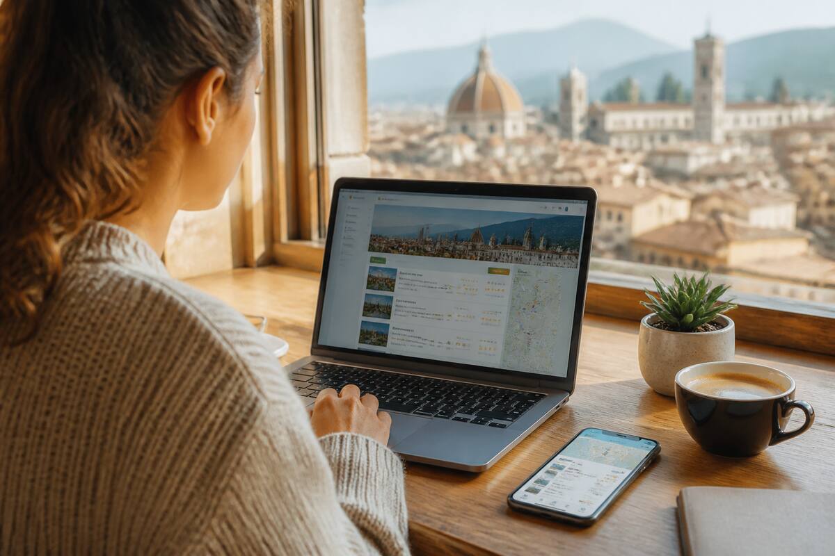 Iemand vergelijkt reizen en vakanties op een laptop in een café