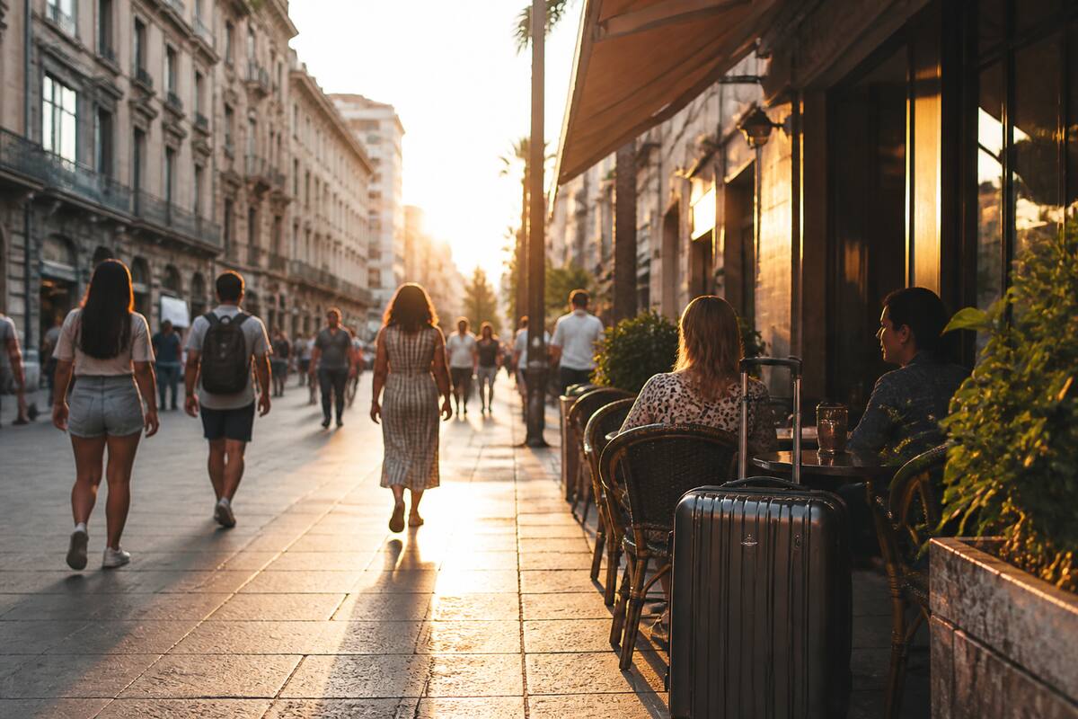 Reizigers op een citytrip met koffers en een ontspannen sfeer in een stadscentrum