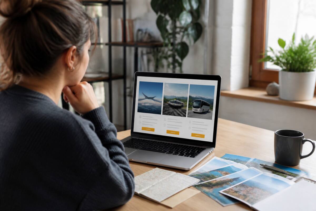 Reiziger vergelijkt vakantieopties op een laptop