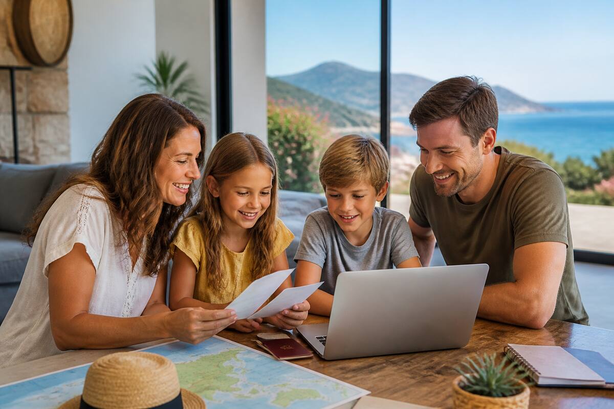 Gezin dat vakanties vergelijkt met een laptop en reisdocumenten aan tafel