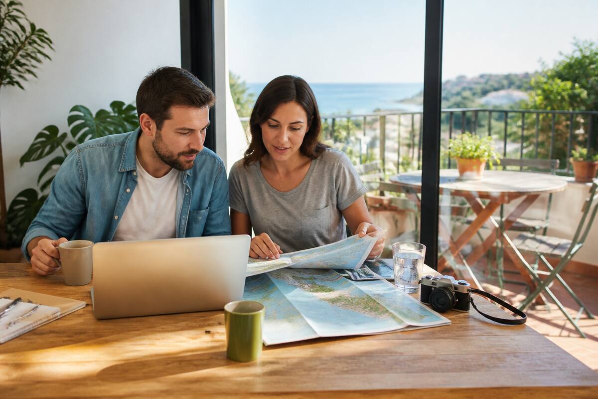 Stel dat vakanties vergelijkt met laptop en papieren aan tafel