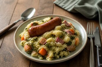Bord met zelfgemaakte stamppot op een houten tafel onder zacht natuurlijk licht
