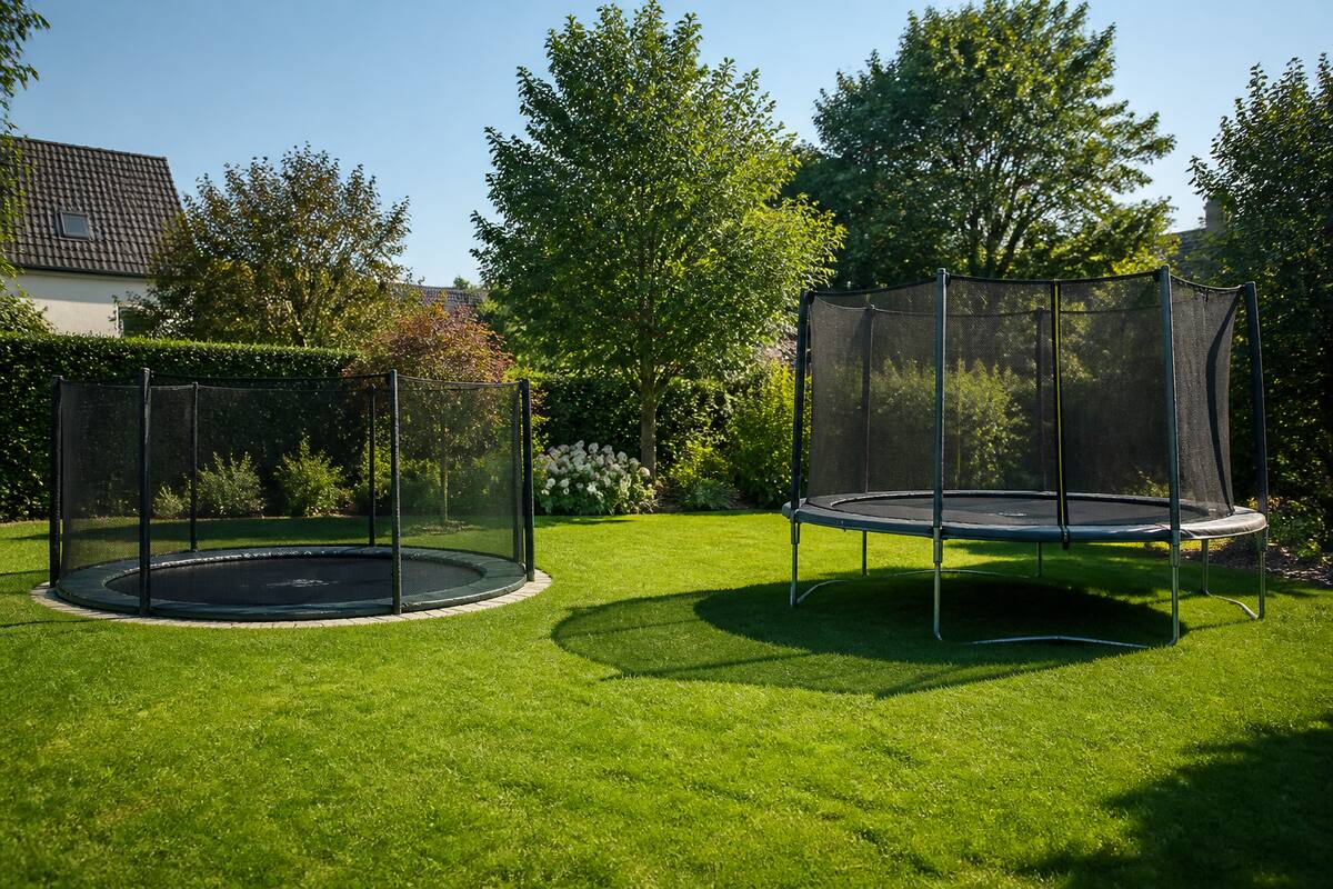 Inground en opbouw trampolines in een tuinsetting, met duidelijke verschillen in plaatsing en afwerking