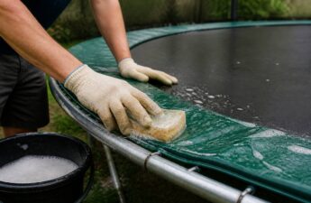 Iemand die met een zachte spons en lauw sop de trampoline rand en springmat schoonmaakt
