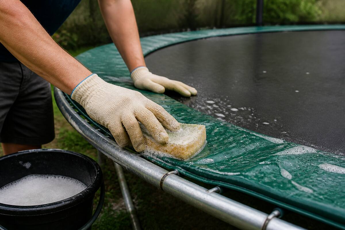 Iemand die met een zachte spons en lauw sop de trampoline rand en springmat schoonmaakt