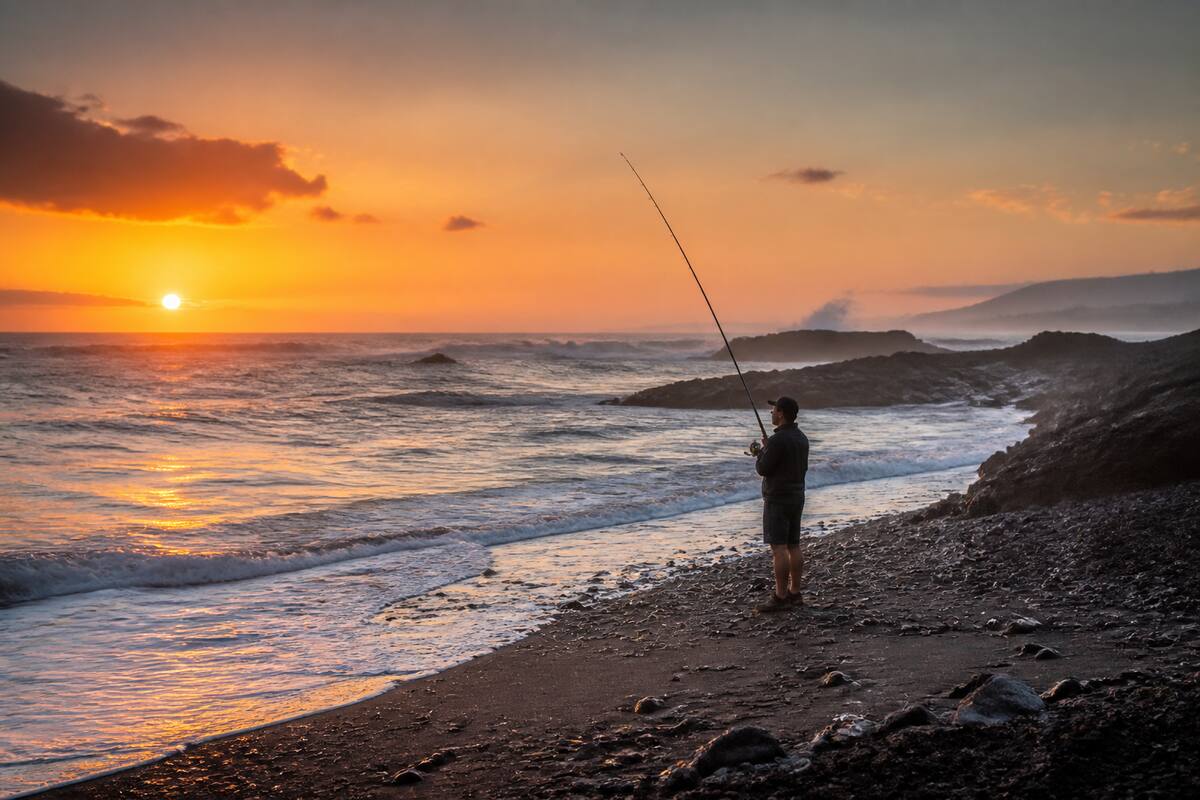 Iemand die vissen op Lanzarote voorbereidt langs de kust bij zonsopkomst
