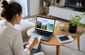 Iemand die op een laptop vakantie-opties vergelijkt met aantekeningen en reisdocumenten op tafel
