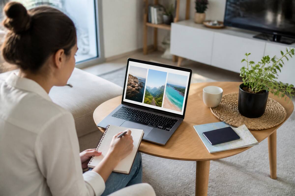 Iemand die op een laptop vakantie-opties vergelijkt met aantekeningen en reisdocumenten op tafel