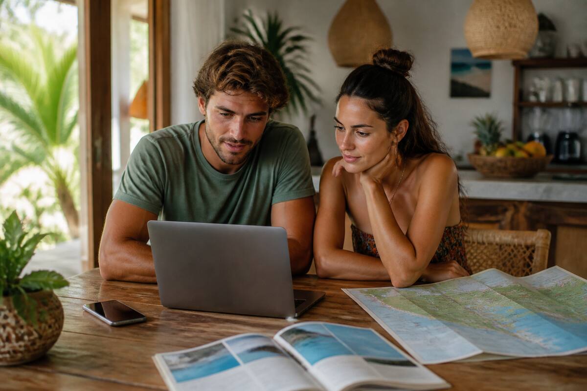 Stel dat vakanties vergelijkt op een laptop tijdens het plannen van hun reis