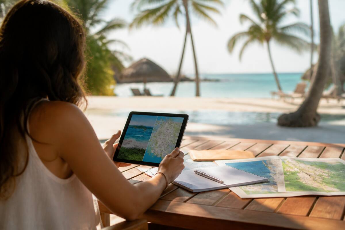 Vakanties vergelijken met reisnotities en een tablet op een strandterras